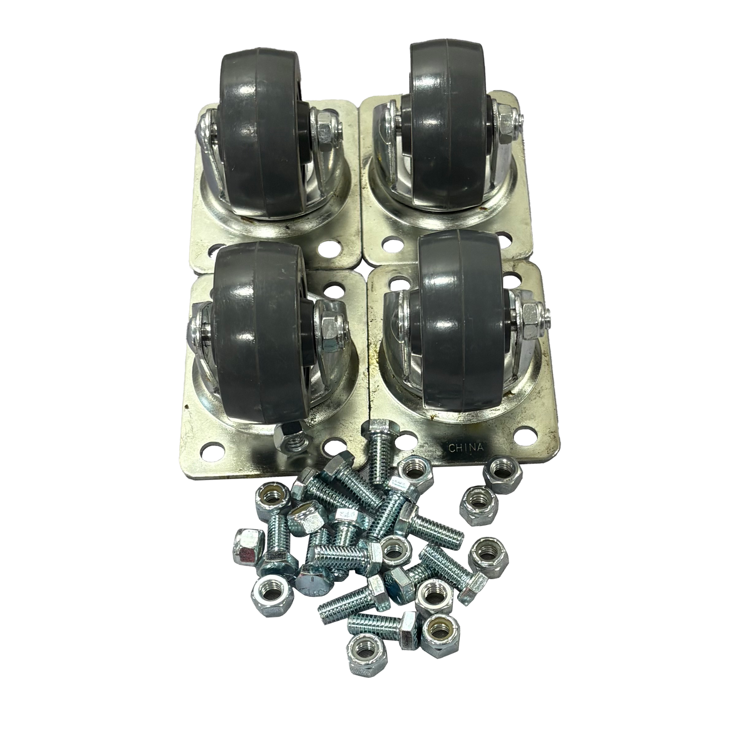 Tilburg Racing Products engine cradle caster wheel kit, consisting of four black wheels on metal brackets with screws on a white background